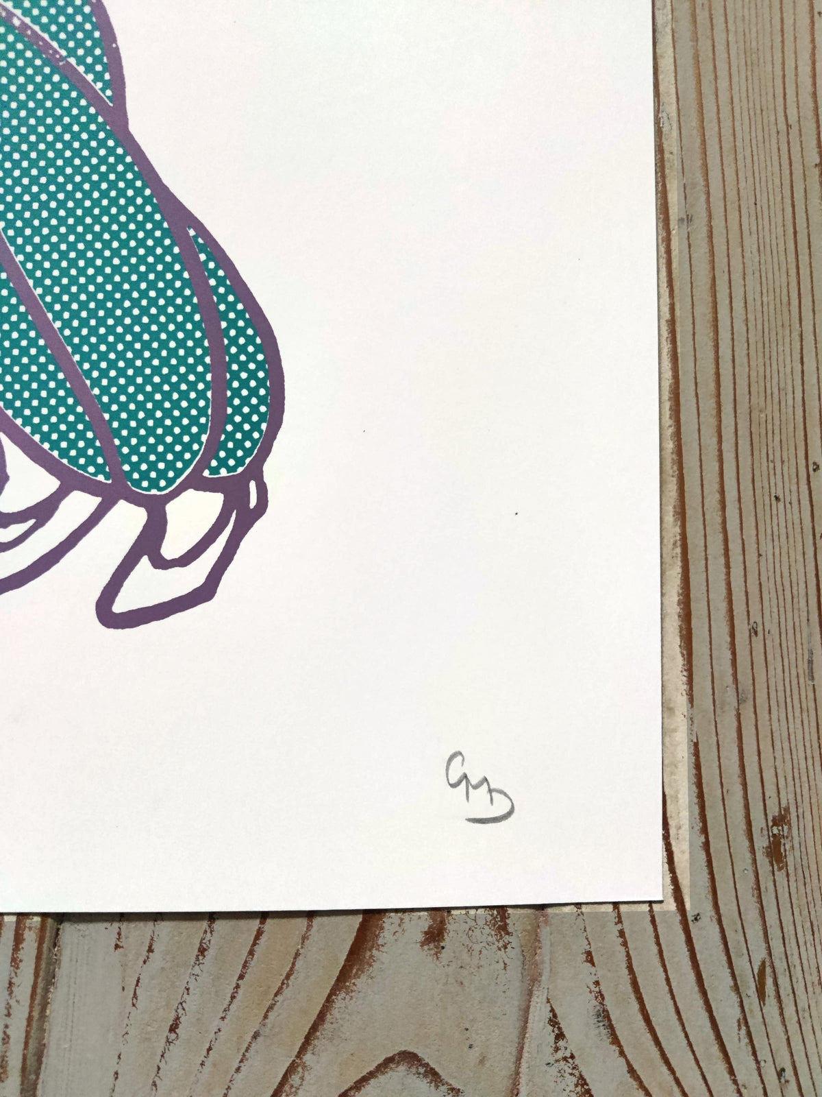 Detail of Boss Girl by Gerard McDonagh, showing the turquoise dress and pencil signature.