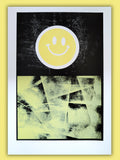 Hacienda screen print by Gerard McDonagh – yellow smiley rave artwork on black and textured ground, unframed (edition of 20)