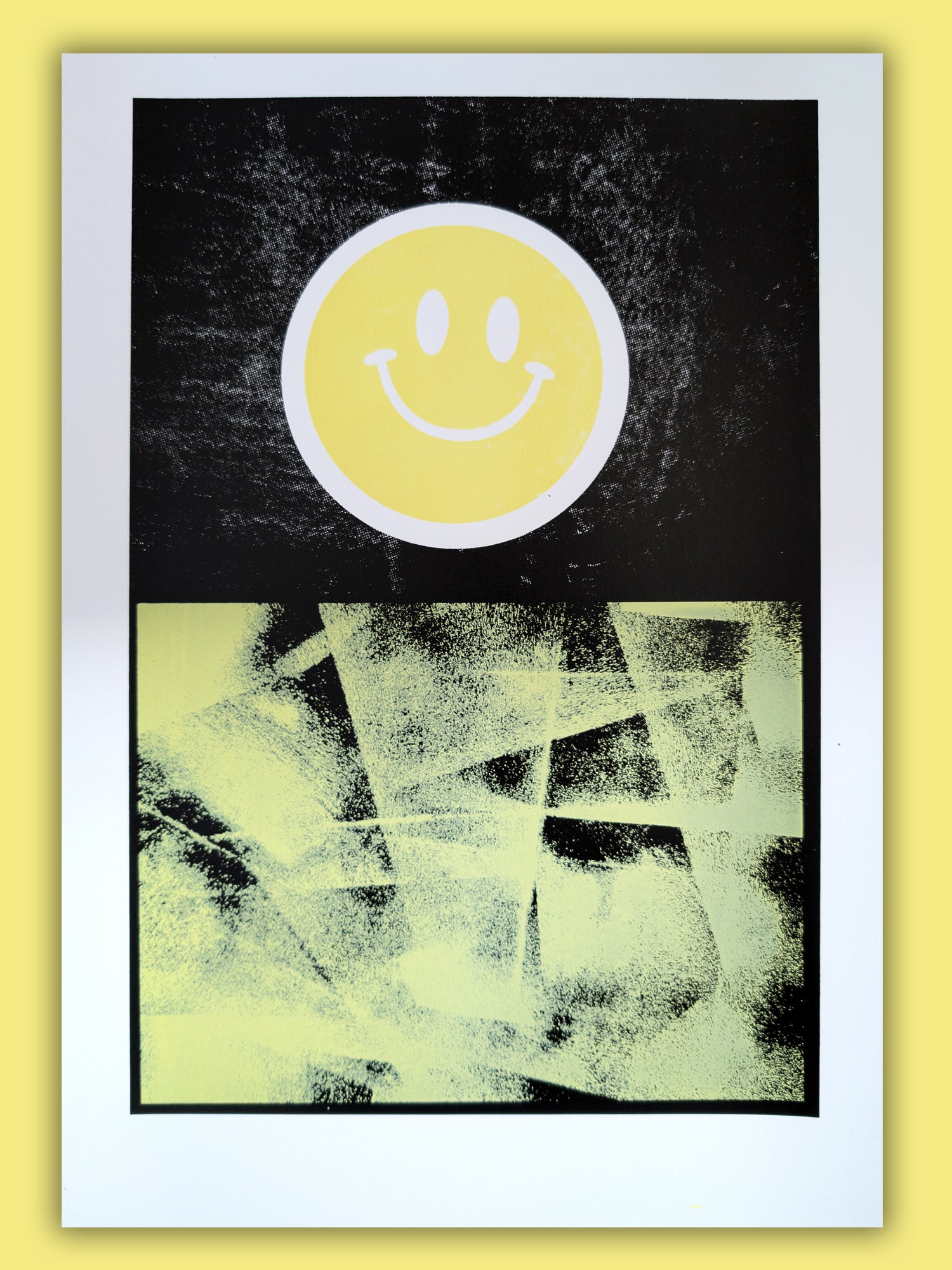 Hacienda screen print by Gerard McDonagh – yellow smiley rave artwork on black and textured ground, unframed (edition of 20)