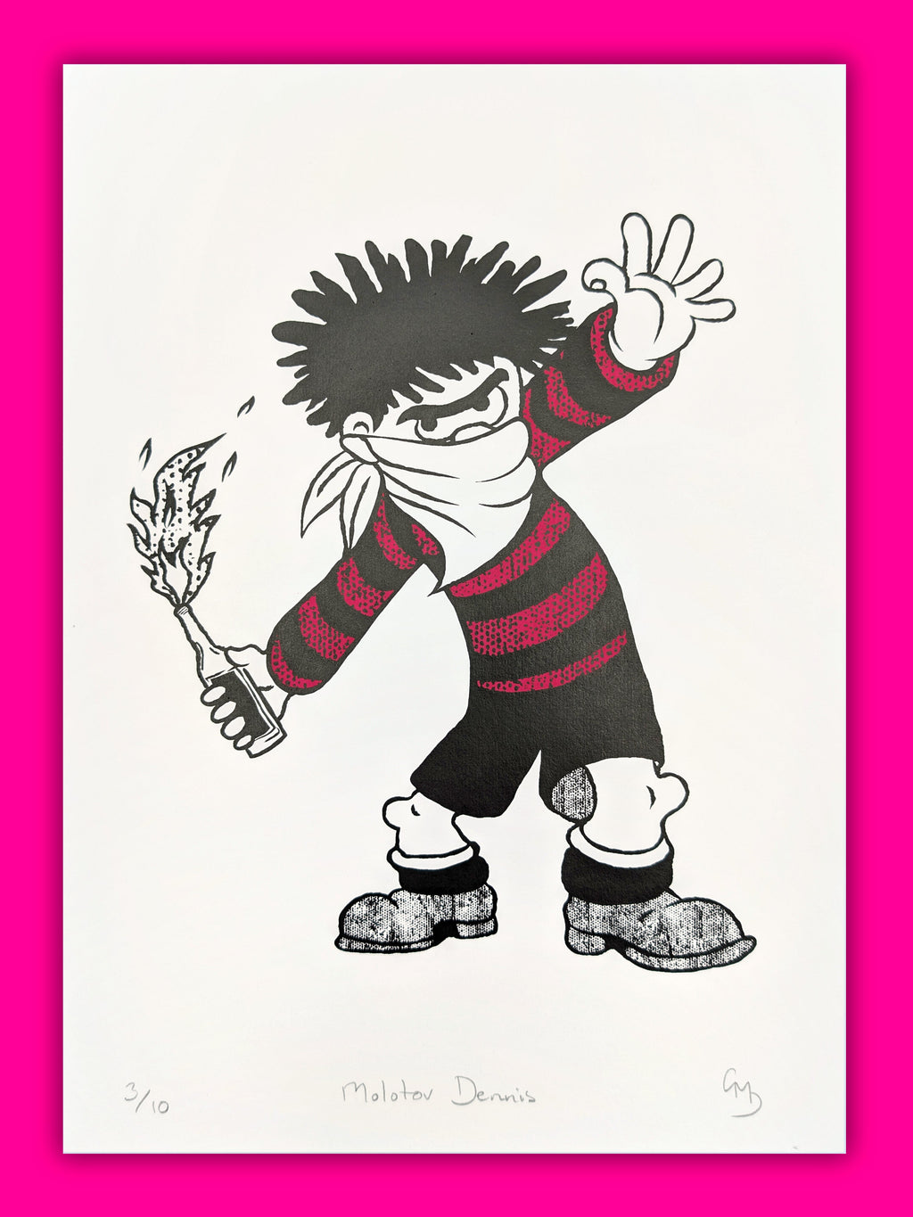 Molotov Dennis artwork by Gerard McDonagh, showing a black-and-red comic character holding a flaming bottle, shown on paper.