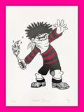 Molotov Dennis artwork by Gerard McDonagh, showing a black-and-red comic character holding a flaming bottle, shown on paper.