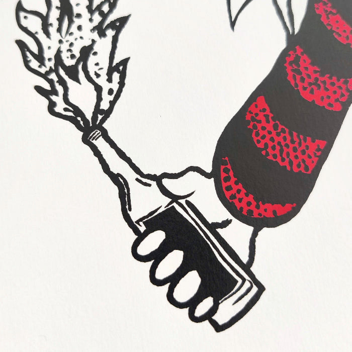 Detail of Molotov Dennis by Gerard McDonagh, showing a hand holding a flaming bottle in black and red ink.