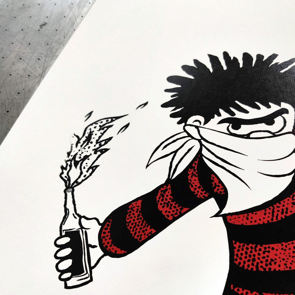 Close view of Molotov Dennis by Gerard McDonagh, showing the character and flaming bottle on white paper.