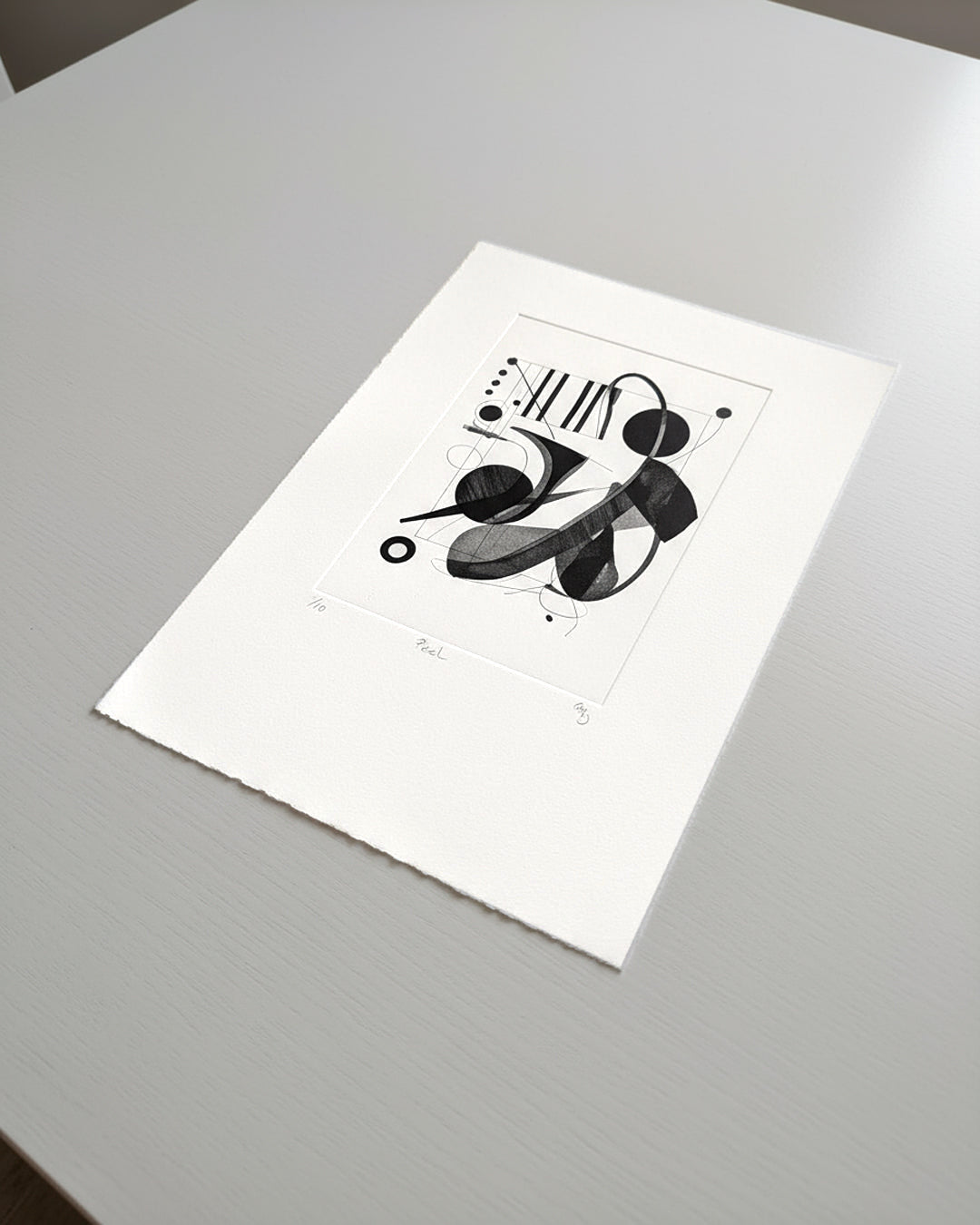Peel artwork by Gerard McDonagh, showing abstract black forms, stripes and curved lines, shown on paper.