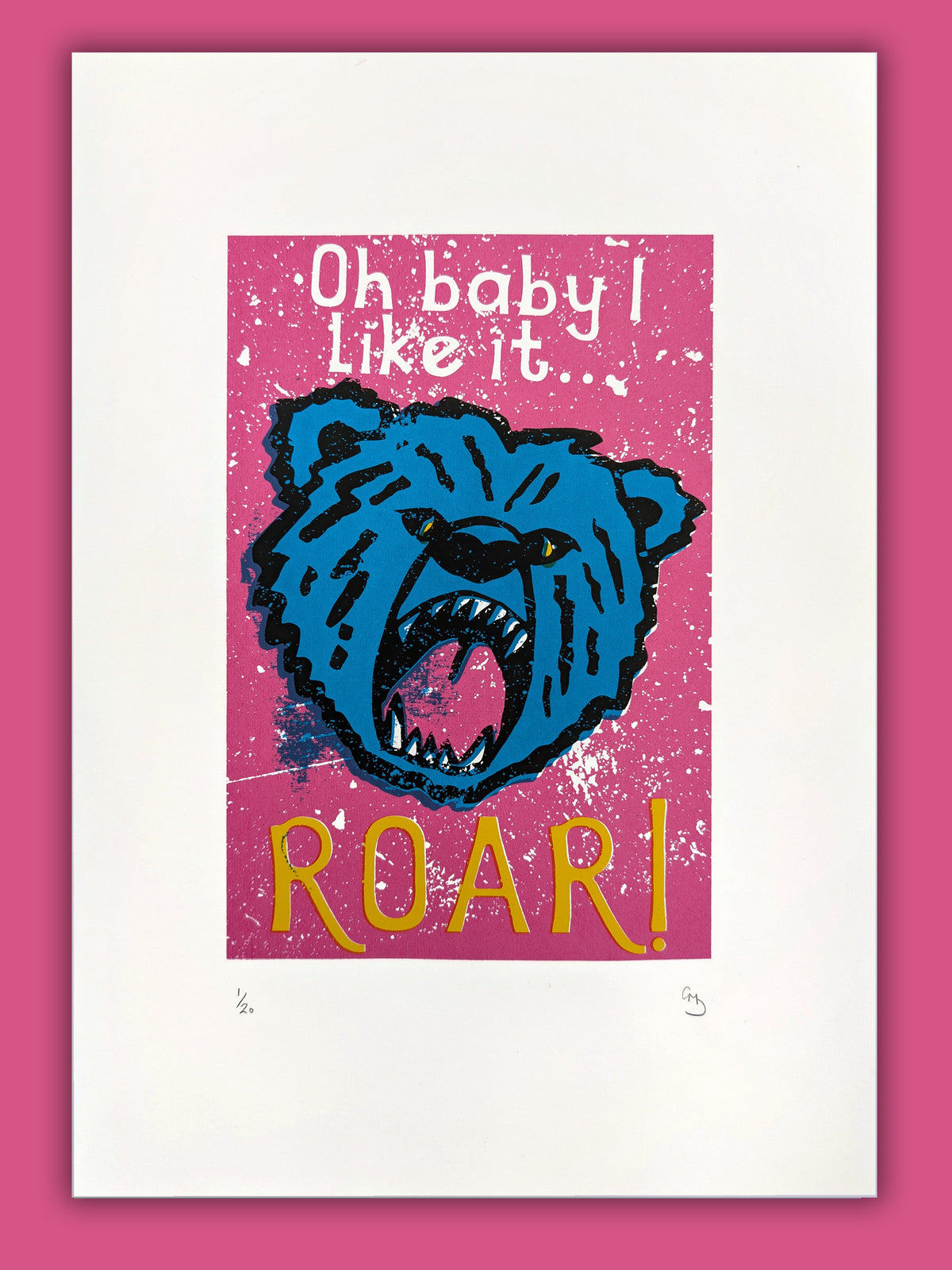 Roar artwork by Gerard McDonagh, showing a roaring blue head on a pink ground with white and yellow lettering, shown on paper.