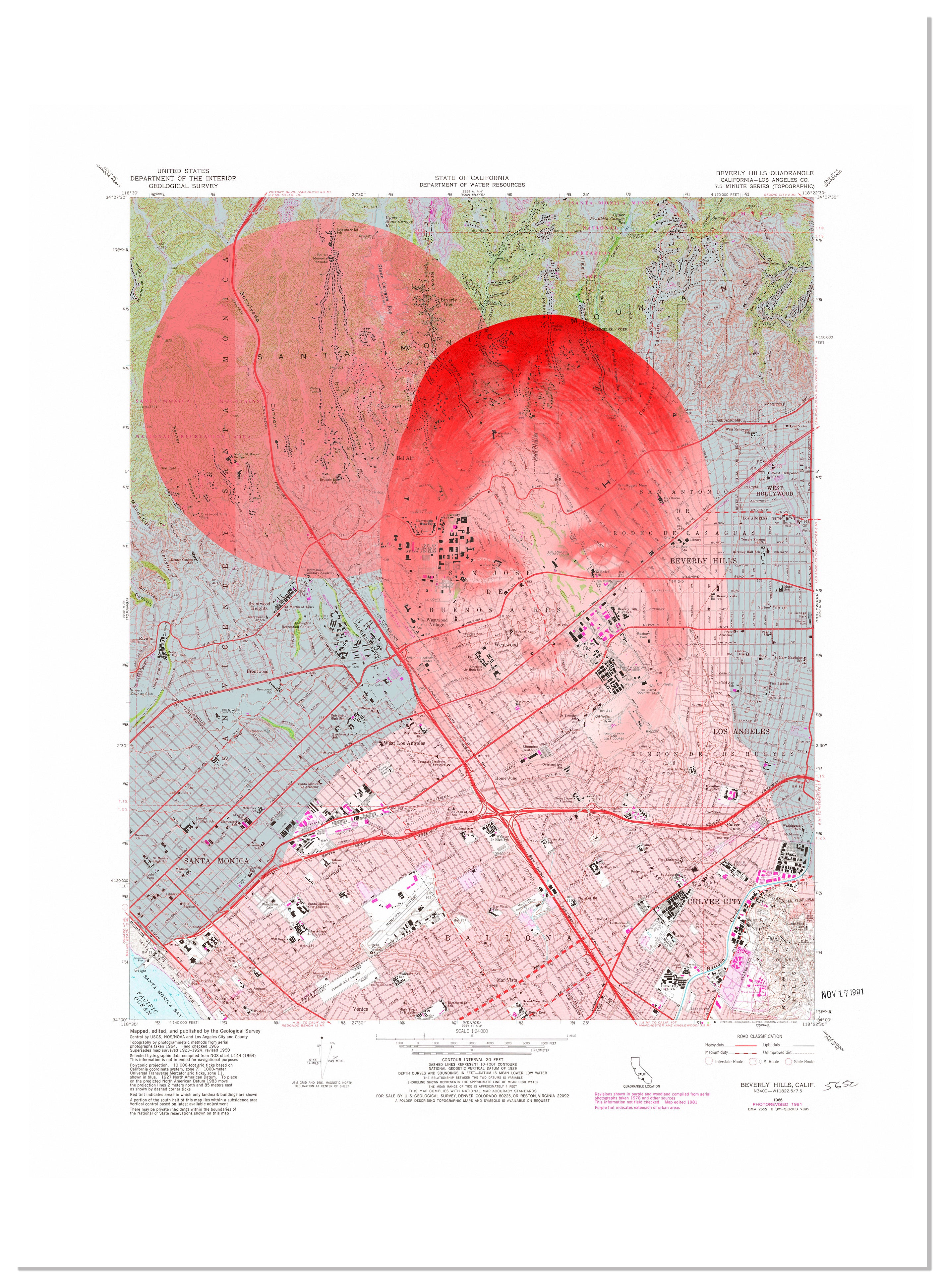 Sharon Tate open edition giclée print by Gerard McDonagh – red overlay portrait on Beverly Hills map, unframed, signed and embossed