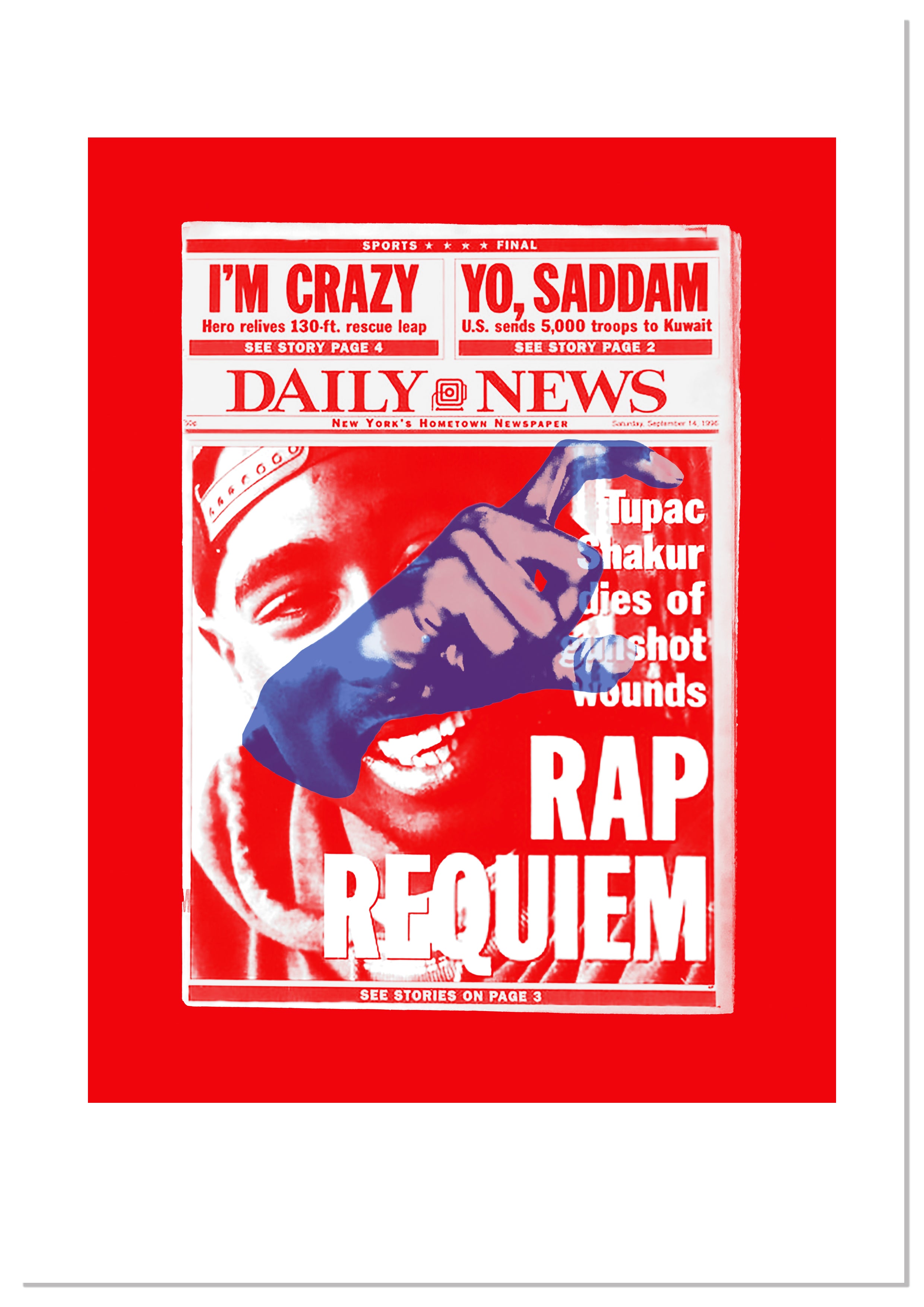 Tupac screen print by Gerard McDonagh – headline and Crips gang sign in blue, mounted 508mm × 406mm, signed and embossed
